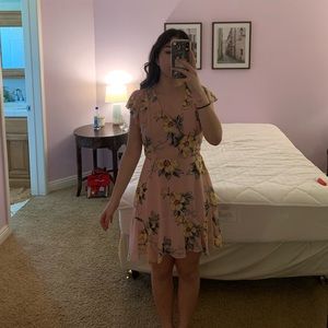 Nordstrom Pink with yellow flowers plunge v-neck and open back mini dress